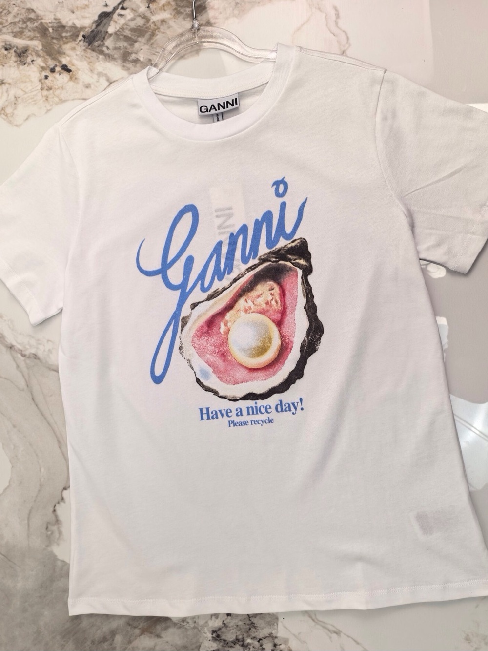 Ganni White Tee with Blue Script and Pink Oyster Graphic